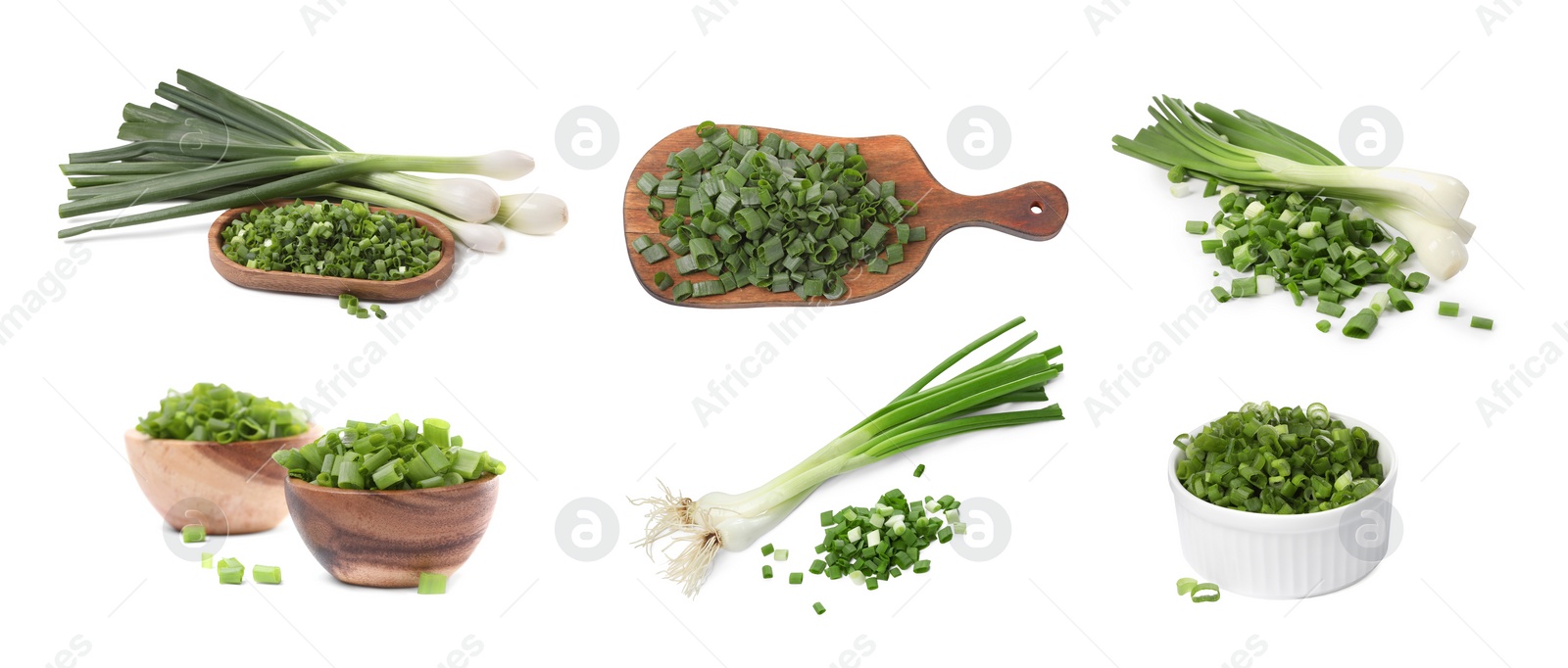 Image of Collage of chopped and whole green onions on white background
