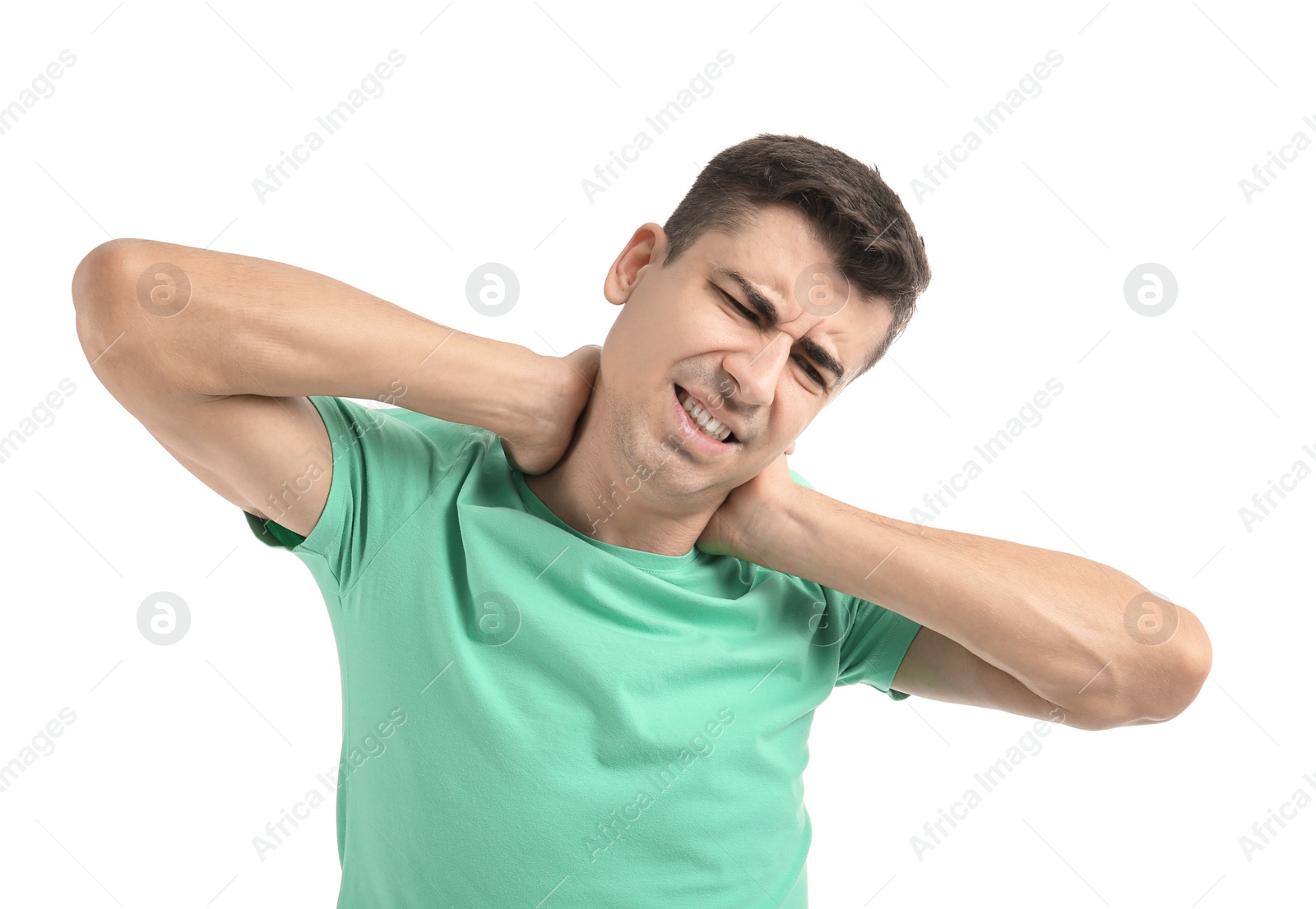 Photo of Young man suffering from neck pain on white background