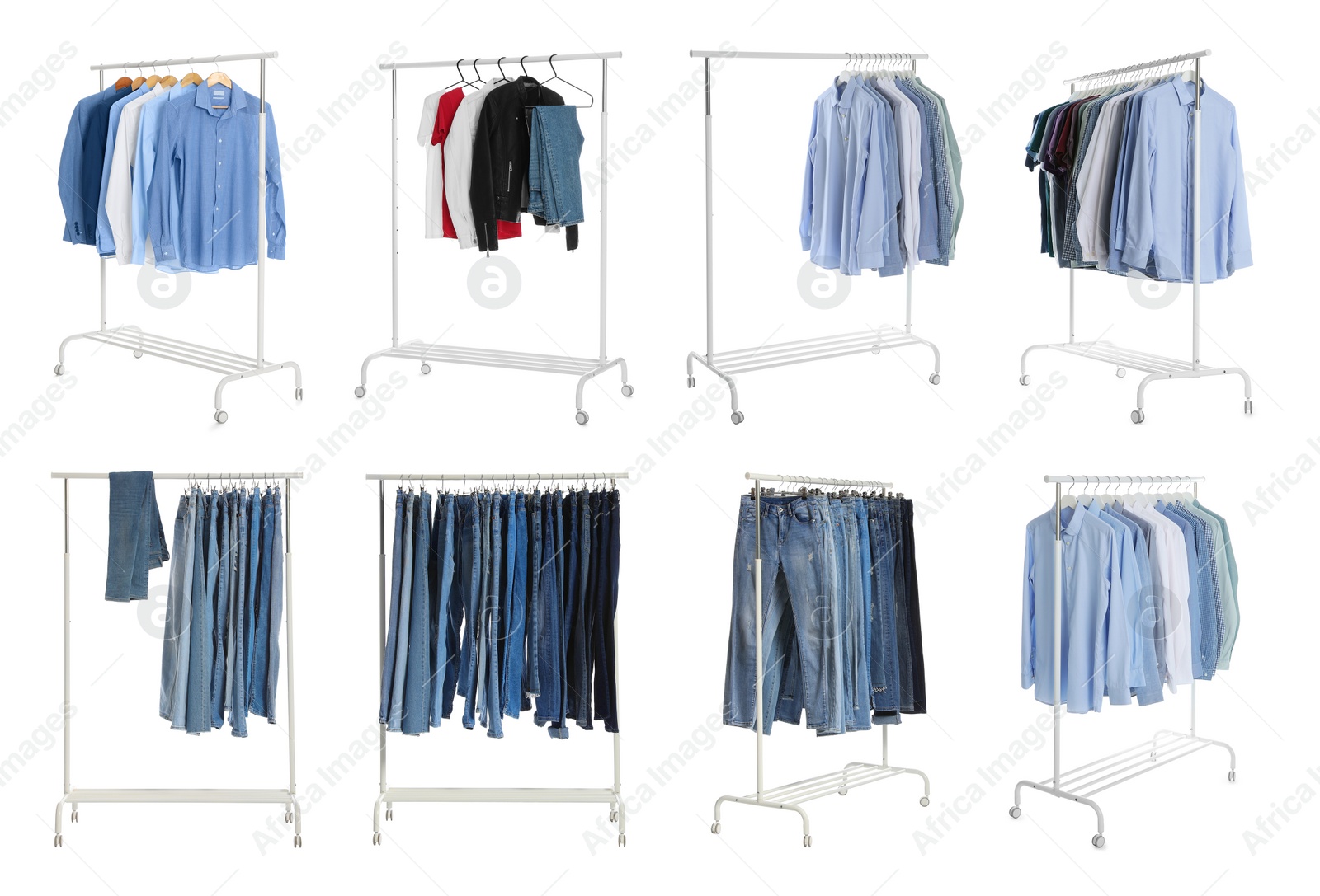 Image of Set of wardrobe racks with different clothes on white background