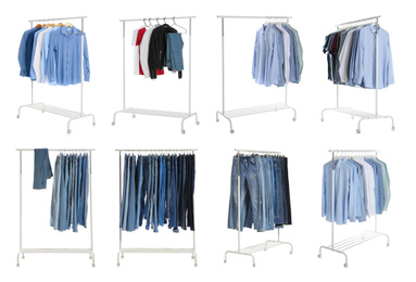 Set of wardrobe racks with different clothes on white background