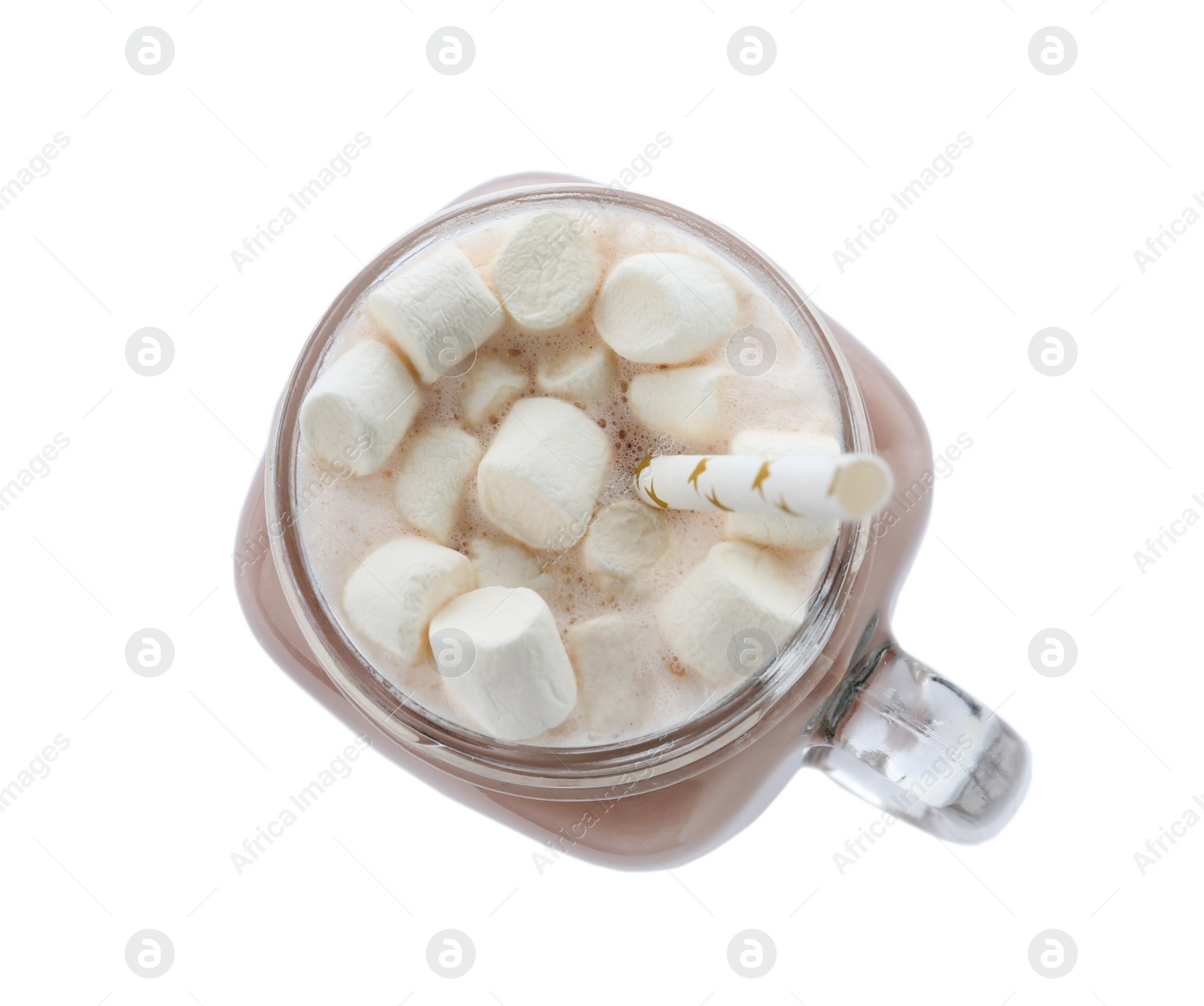 Photo of Delicious cocoa with marshmallows in mason jar on white background, top view