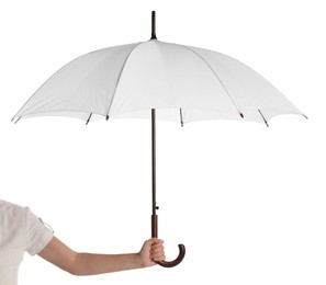 Photo of Woman with open umbrella on white background, closeup