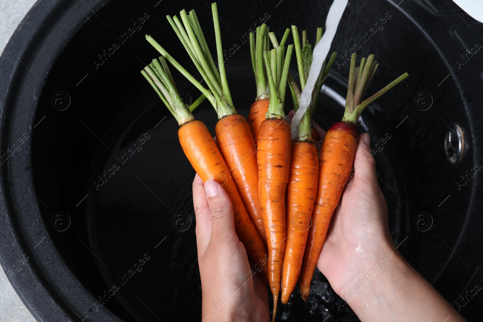 Photo of Woman washing ripe carrots with running water in sink, closeup