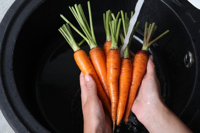 Photo of Woman washing ripe carrots with running water in sink, closeup