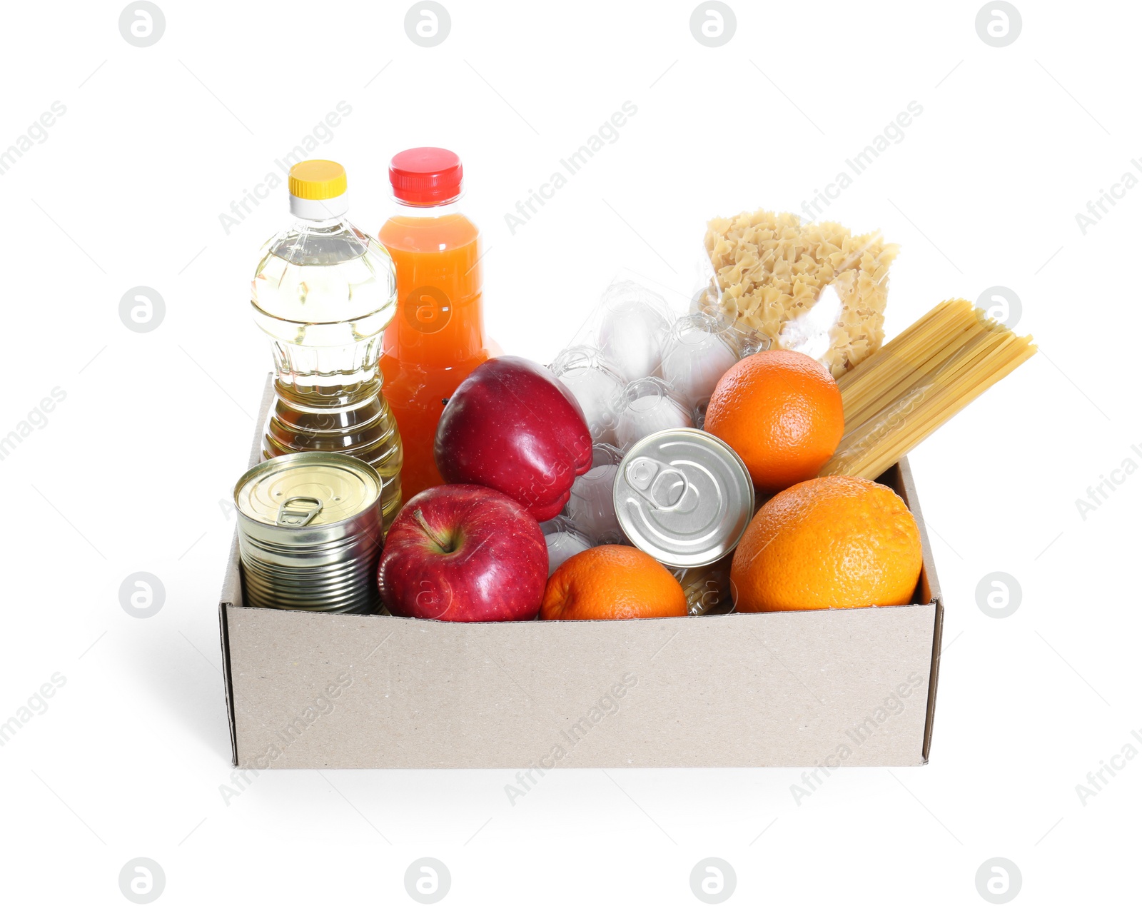 Photo of Humanitarian aid. Different food products for donation in box isolated on white