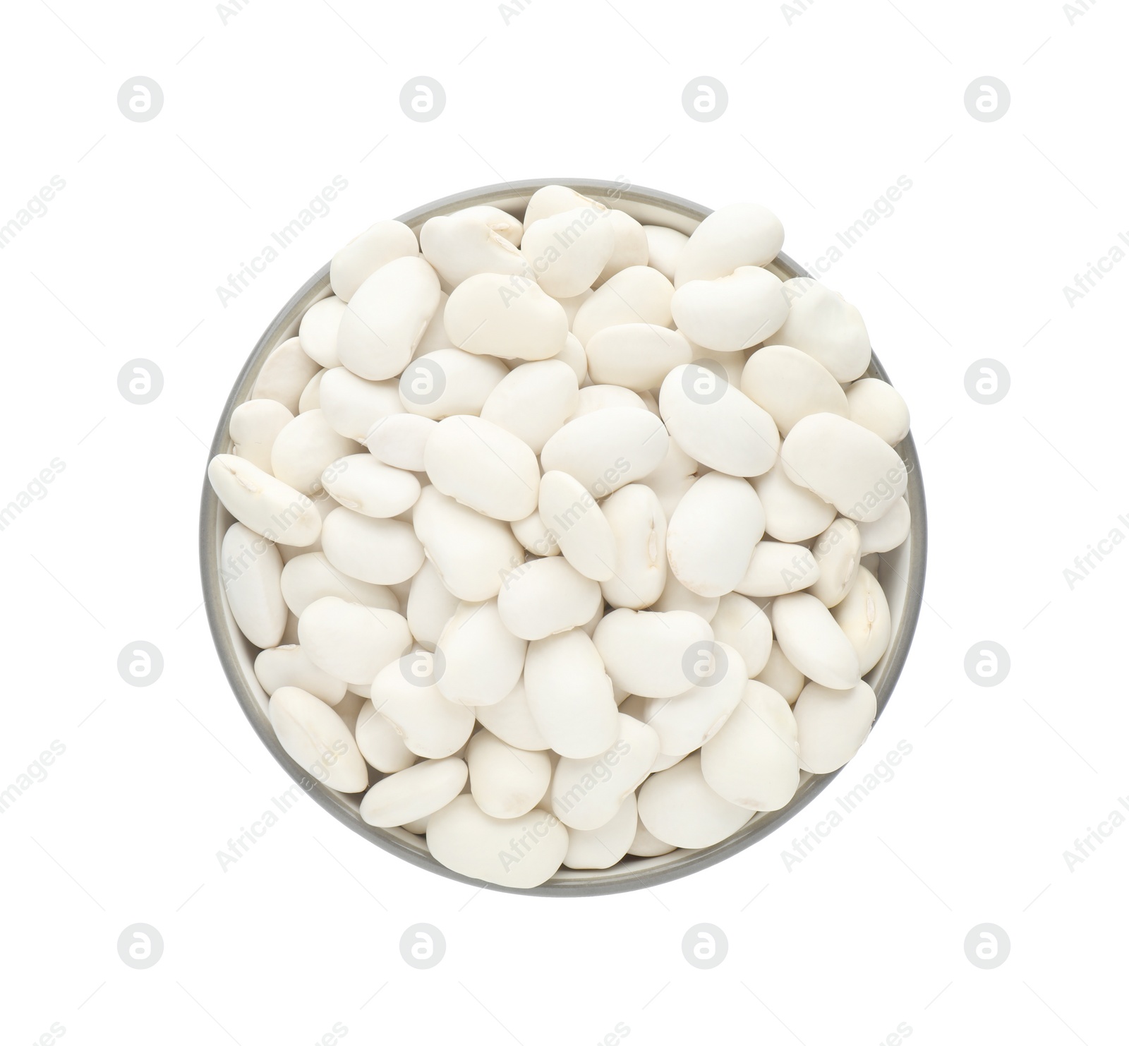 Photo of Bowl of uncooked navy beans isolated on white, top view