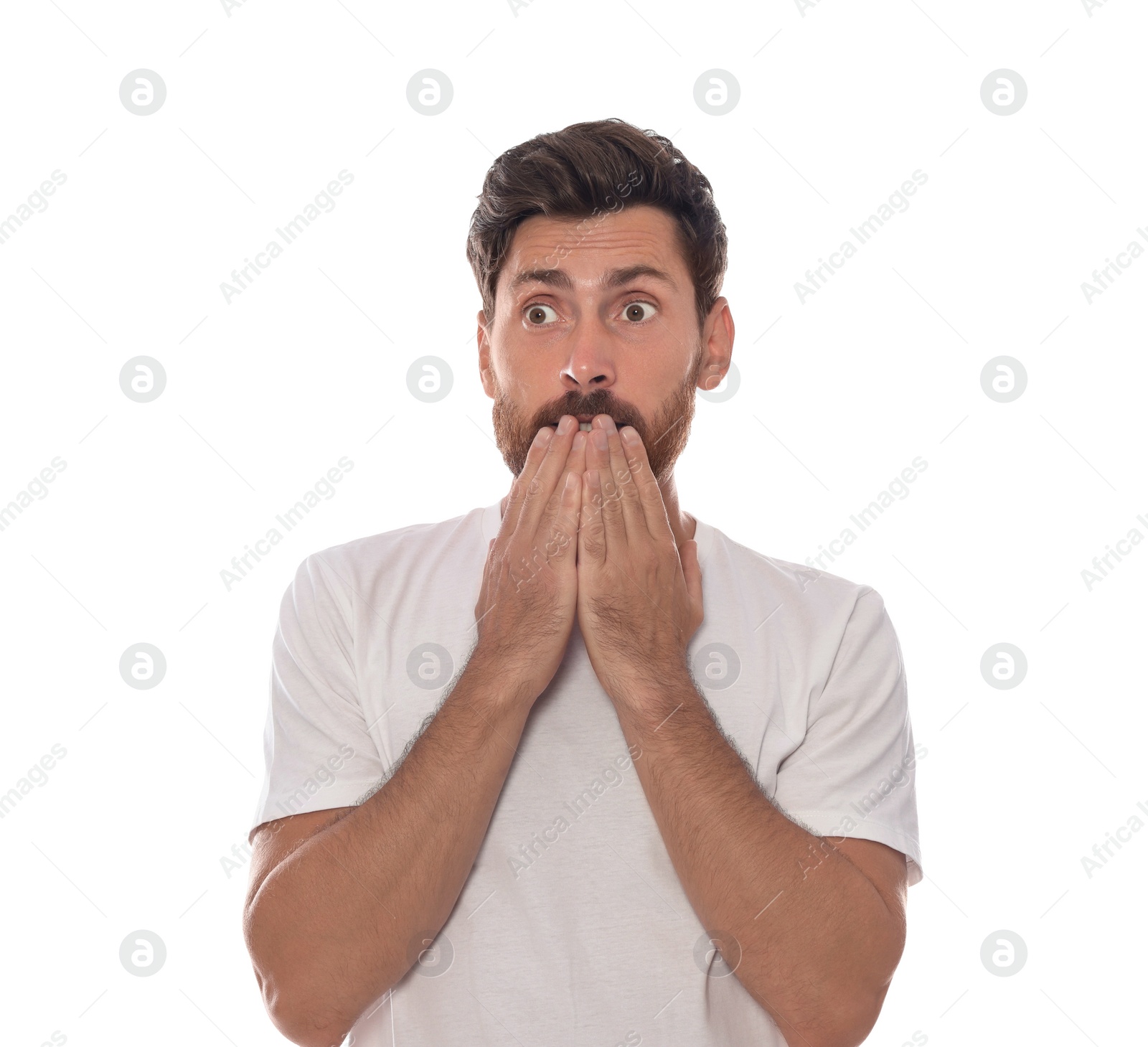 Photo of Embarrassed man covering face with hands on white background