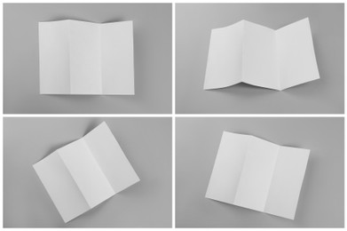 Image of Open blank brochures on grey background, collage