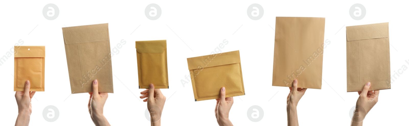 Image of Collage with photos of people holding paper envelopes on white background, closeup. Banner design