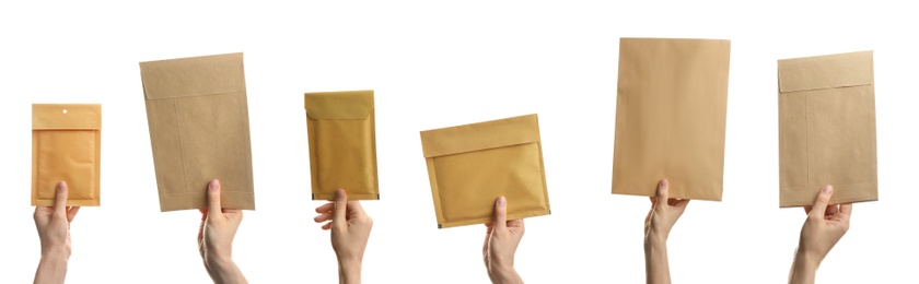 Image of Collage with photos of people holding paper envelopes on white background, closeup. Banner design