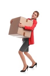 Photo of Full length portrait of woman carrying carton box on white background. Posture concept