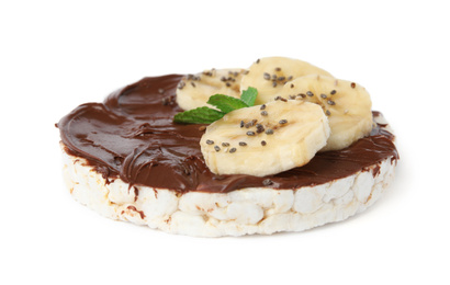 Photo of Puffed rice cake with chocolate spread, banana and mint isolated on white