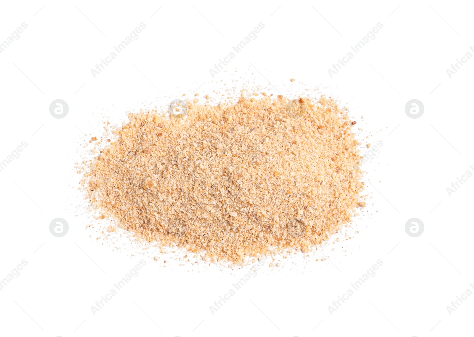 Photo of Pile of fresh bread crumbs isolated on white, top view