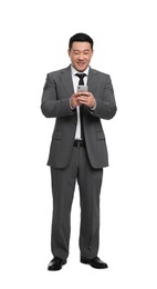 Photo of Businessman in suit using smartphone on white background