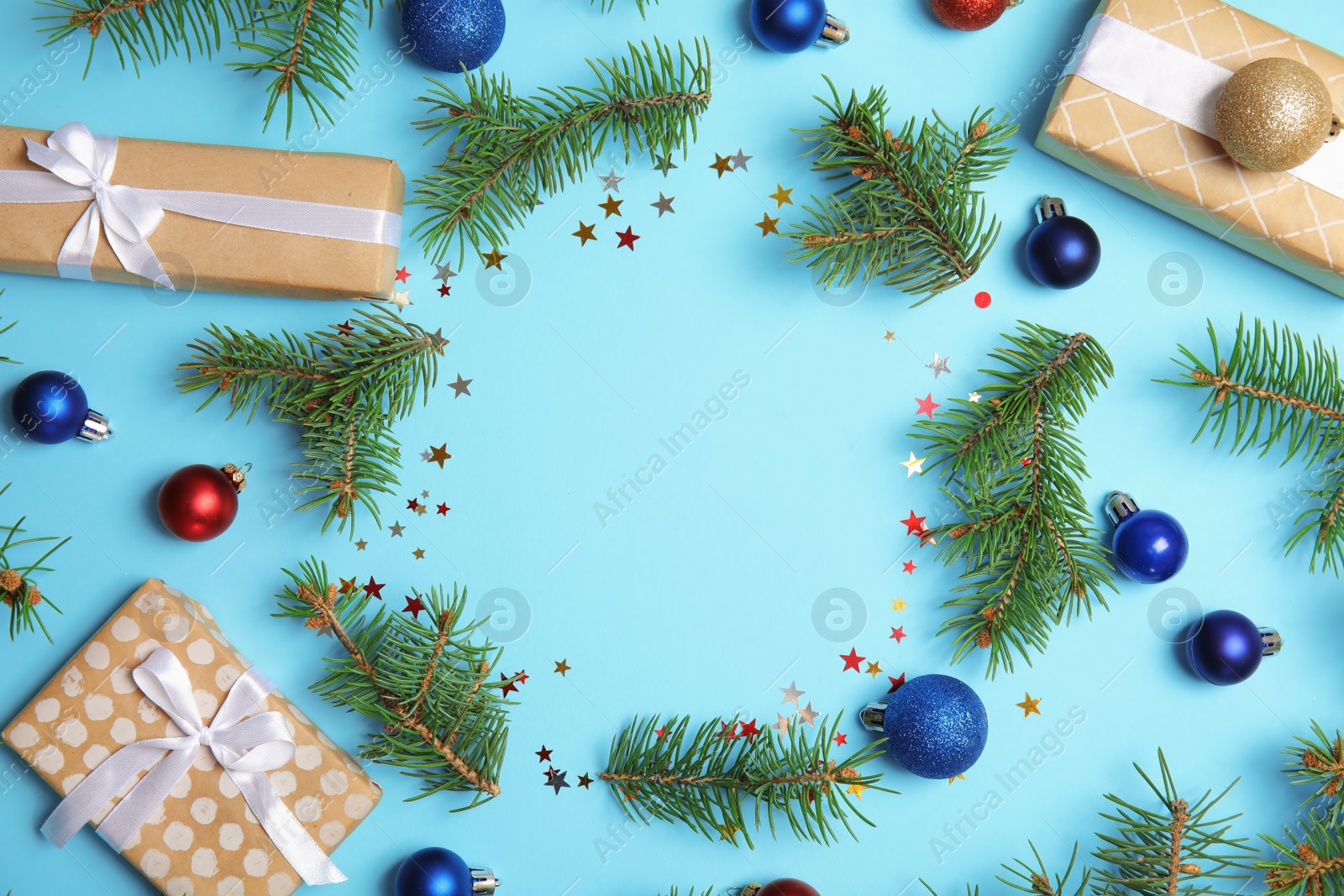 Photo of Flat lay composition with Christmas decor and space for text on color background. Festive winter design