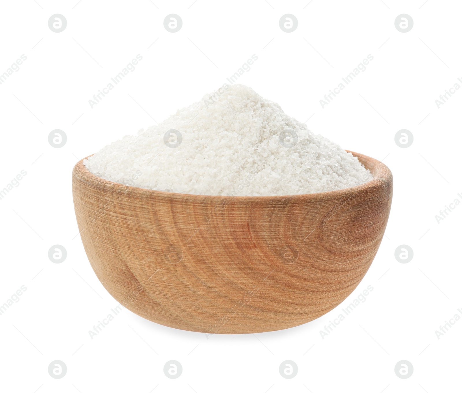 Photo of Wooden bowl with natural salt isolated on white