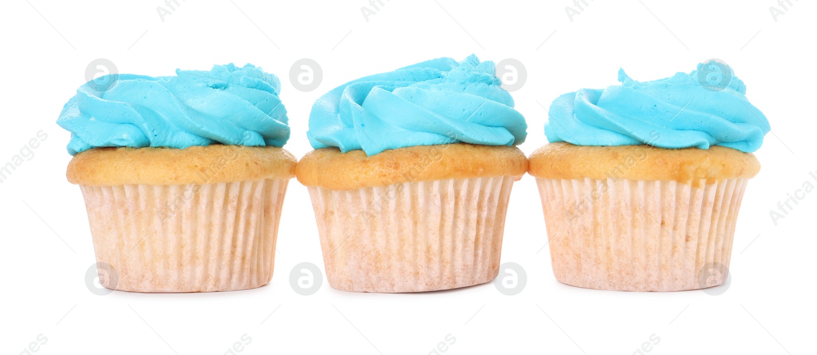 Photo of Delicious cupcakes with bright cream isolated on white