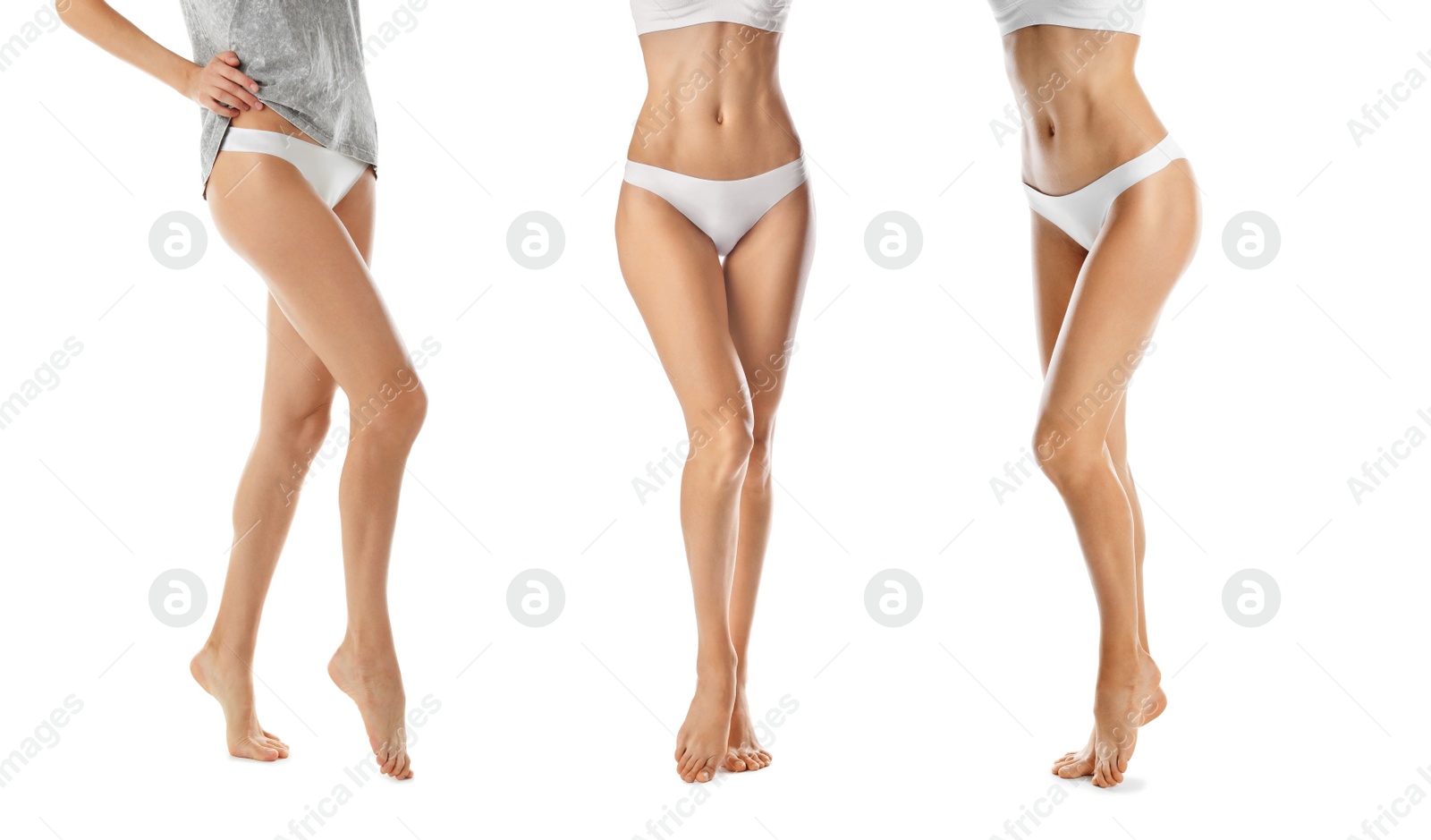 Image of Collage with photos of young woman after epilation on white background, closeup