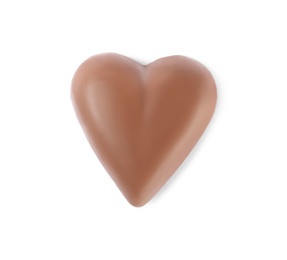 Photo of Beautiful heart shaped chocolate candy isolated on white, top view