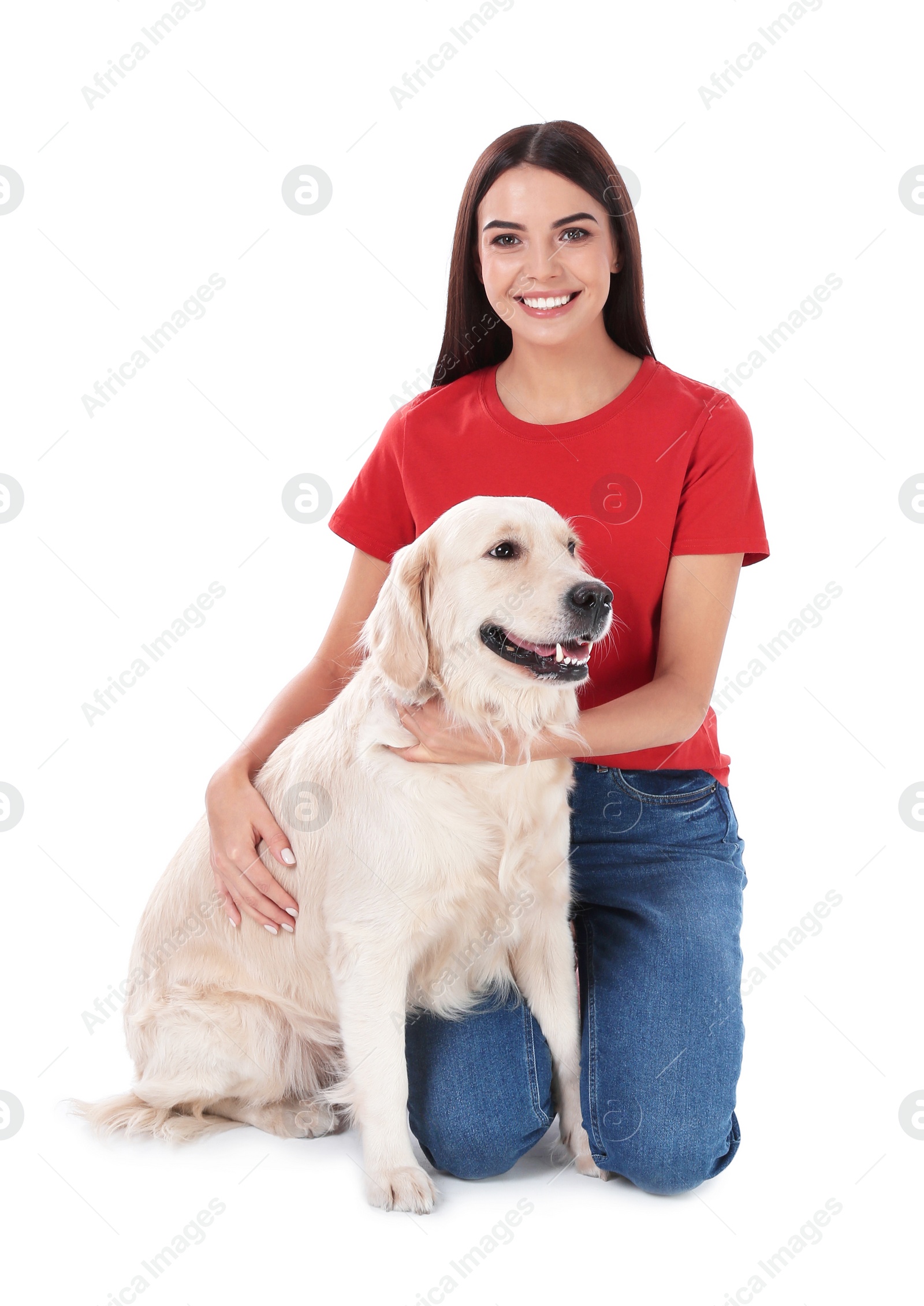 Photo of Young woman and her Golden Retriever dog on white background