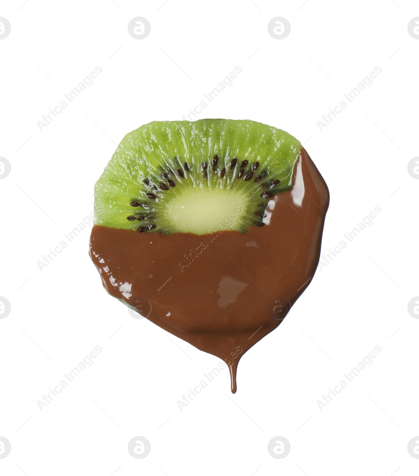 Photo of Tasty kiwi dipped into chocolate fondue on white background