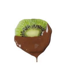 Photo of Tasty kiwi dipped into chocolate fondue on white background