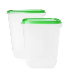 Photo of Empty plastic containers on white background. Food storage