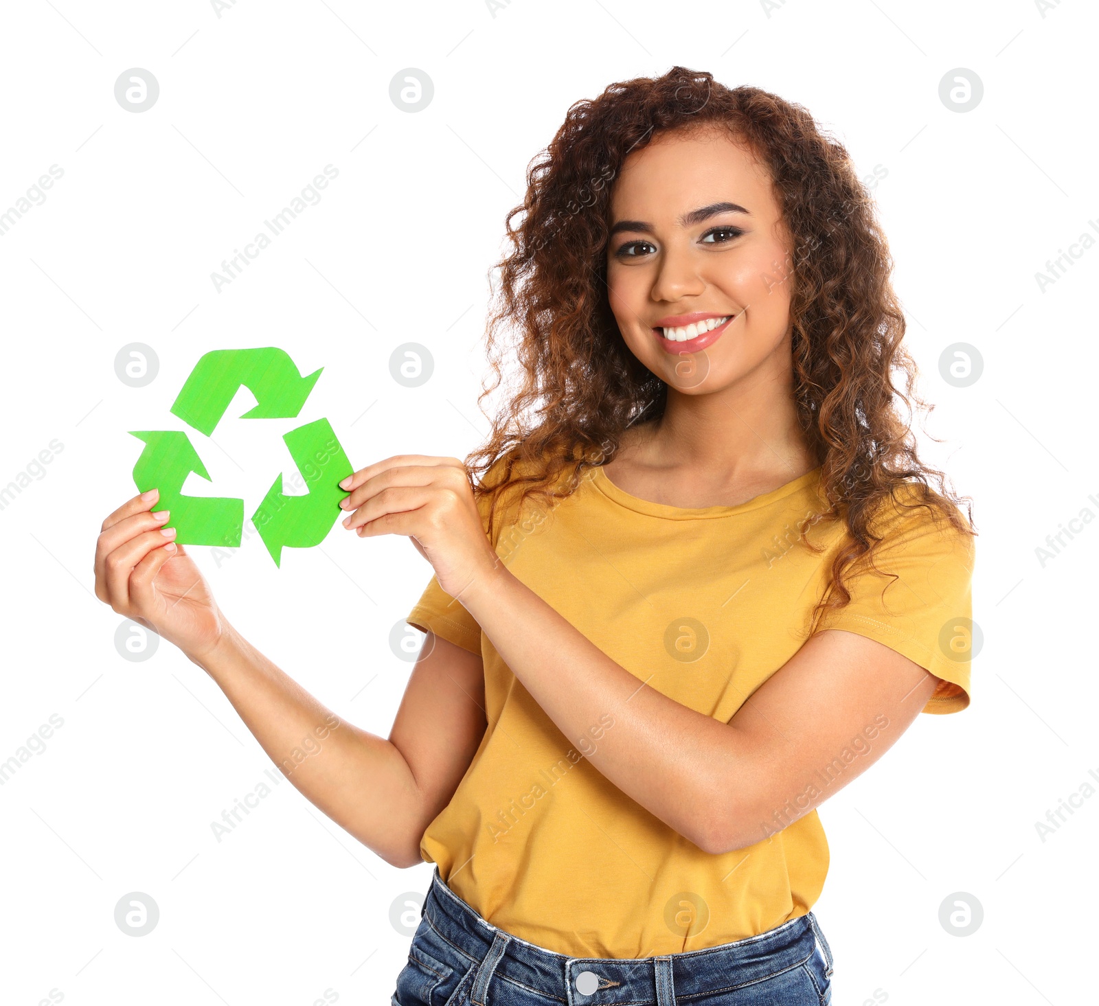 Photo of Young African-American woman with recycling symbol on white background