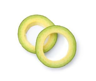 Slices of ripe avocado on white background