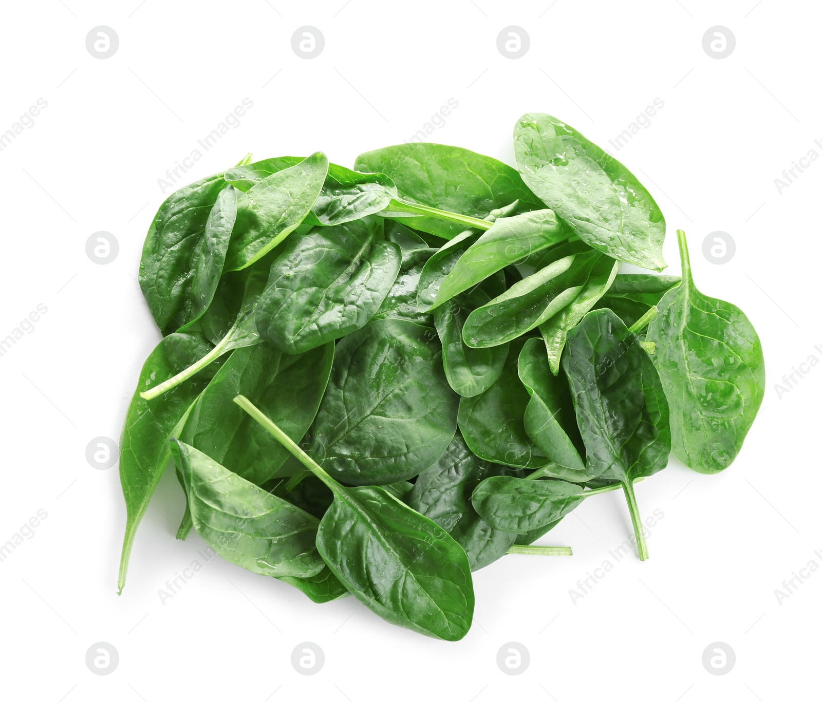 Photo of Heap of fresh green healthy baby spinach leaves isolated on white, top view