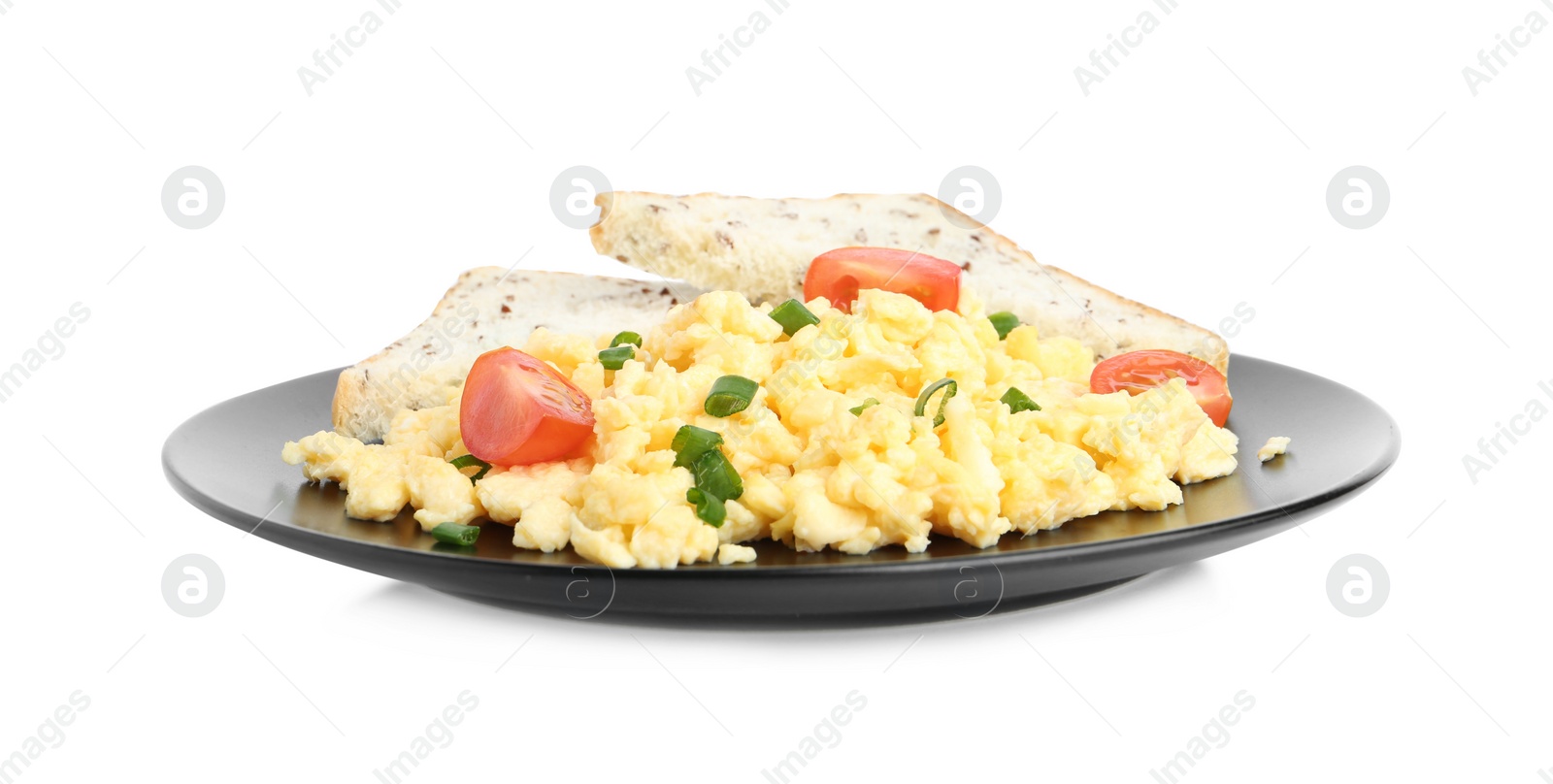 Photo of Tasty scrambled eggs with bread and cherry tomato isolated on white