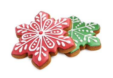 Photo of Tasty Christmas cookies in shape of snowflakes isolated on white
