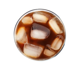 Glass of coffee drink with ice cubes on white background, top view