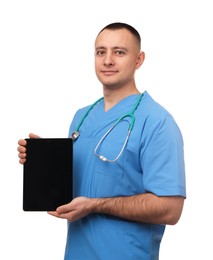 Doctor with stethoscope holding blank tablet on white background, space for design. Cardiology concept