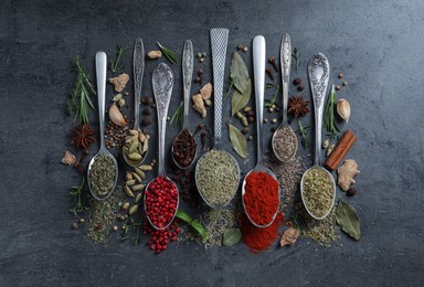 Photo of Flat lay composition with different natural spices and herbs on black table