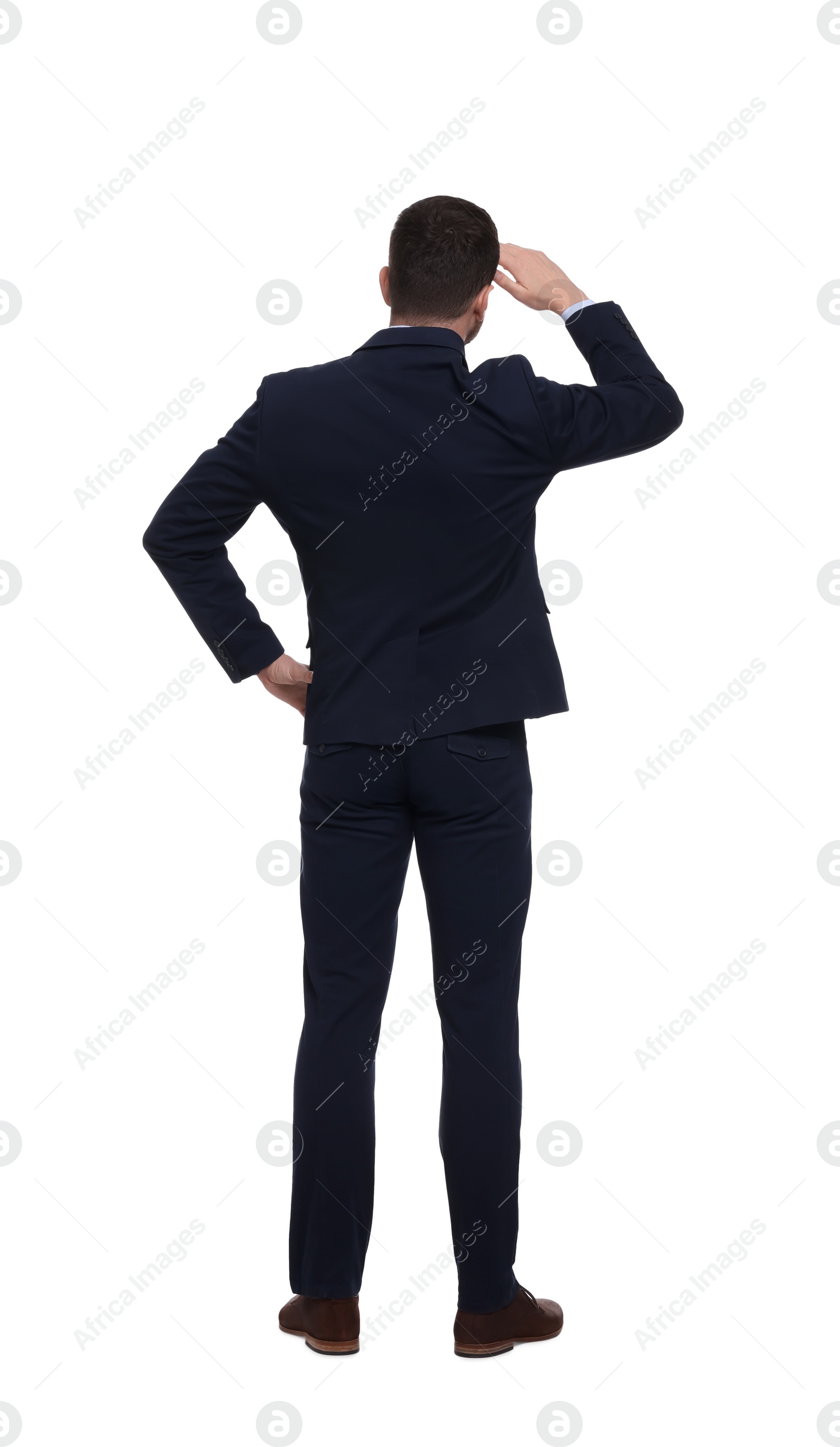 Photo of Businessman in suit on white background, back view