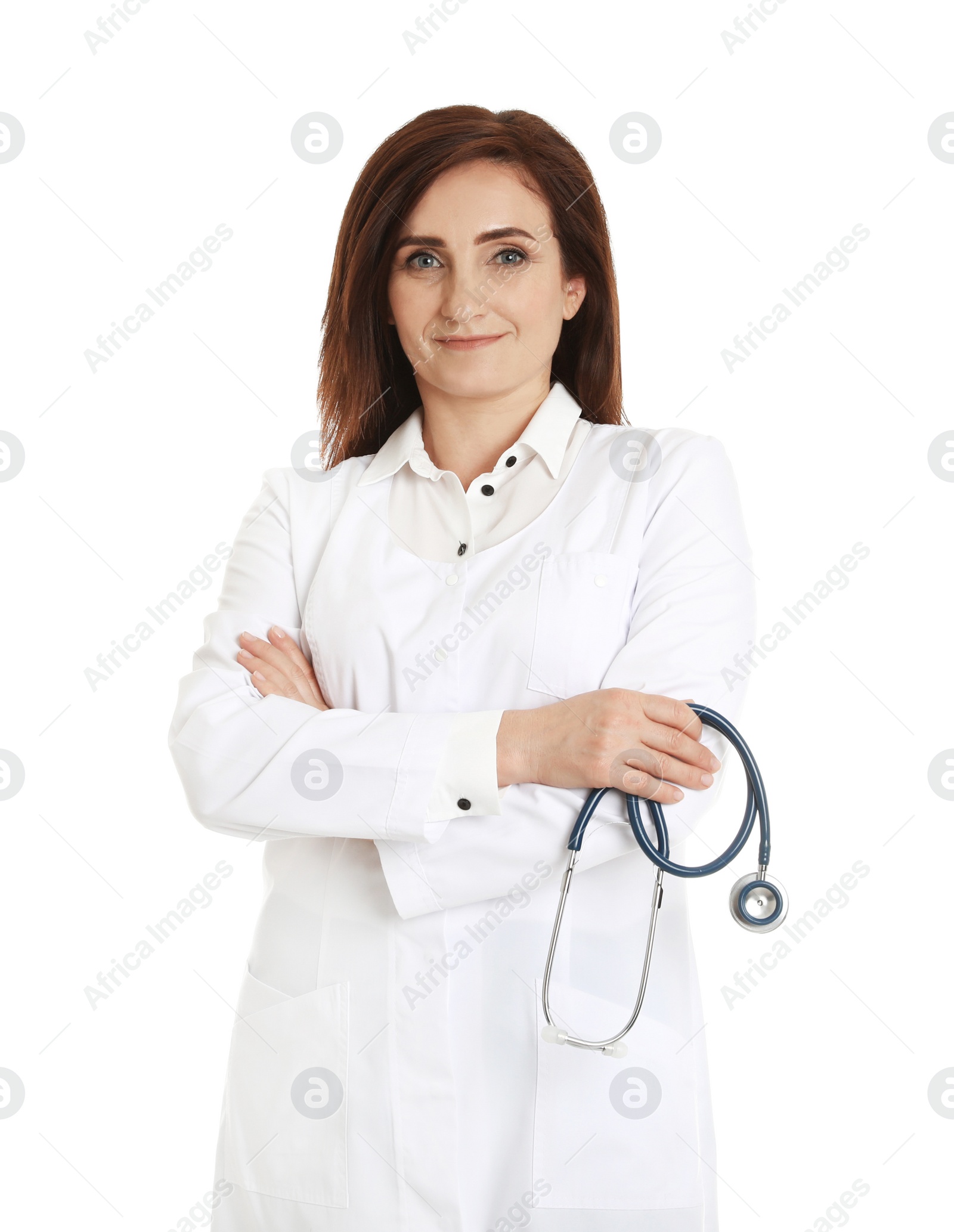 Photo of Portrait of female doctor isolated on white. Medical staff