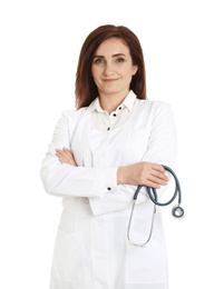 Portrait of female doctor isolated on white. Medical staff