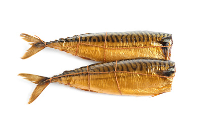 Photo of Tasty smoked mackerel fish isolated on white, top view