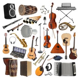 Image of Collection of different musical instruments on white background