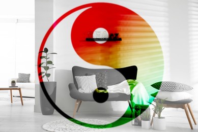 Stylish living room interior and Yin Yang symbol. Feng Shui philosophy 
