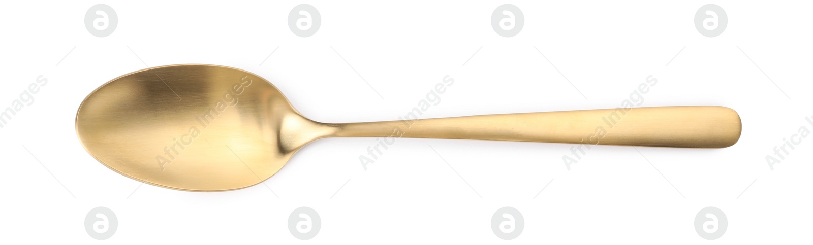 Photo of One shiny golden spoon isolated on white, top view