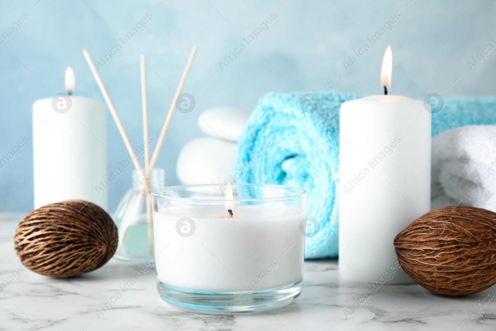 Photo of Beautiful spa composition with candles on table