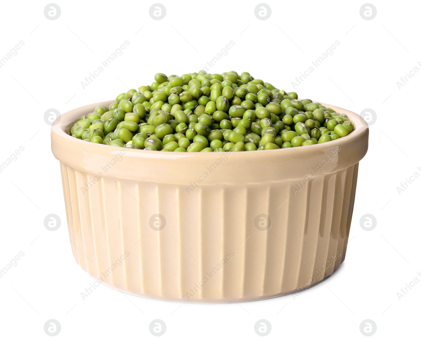 Photo of Bowl with green mung beans isolated on white. Organic grains