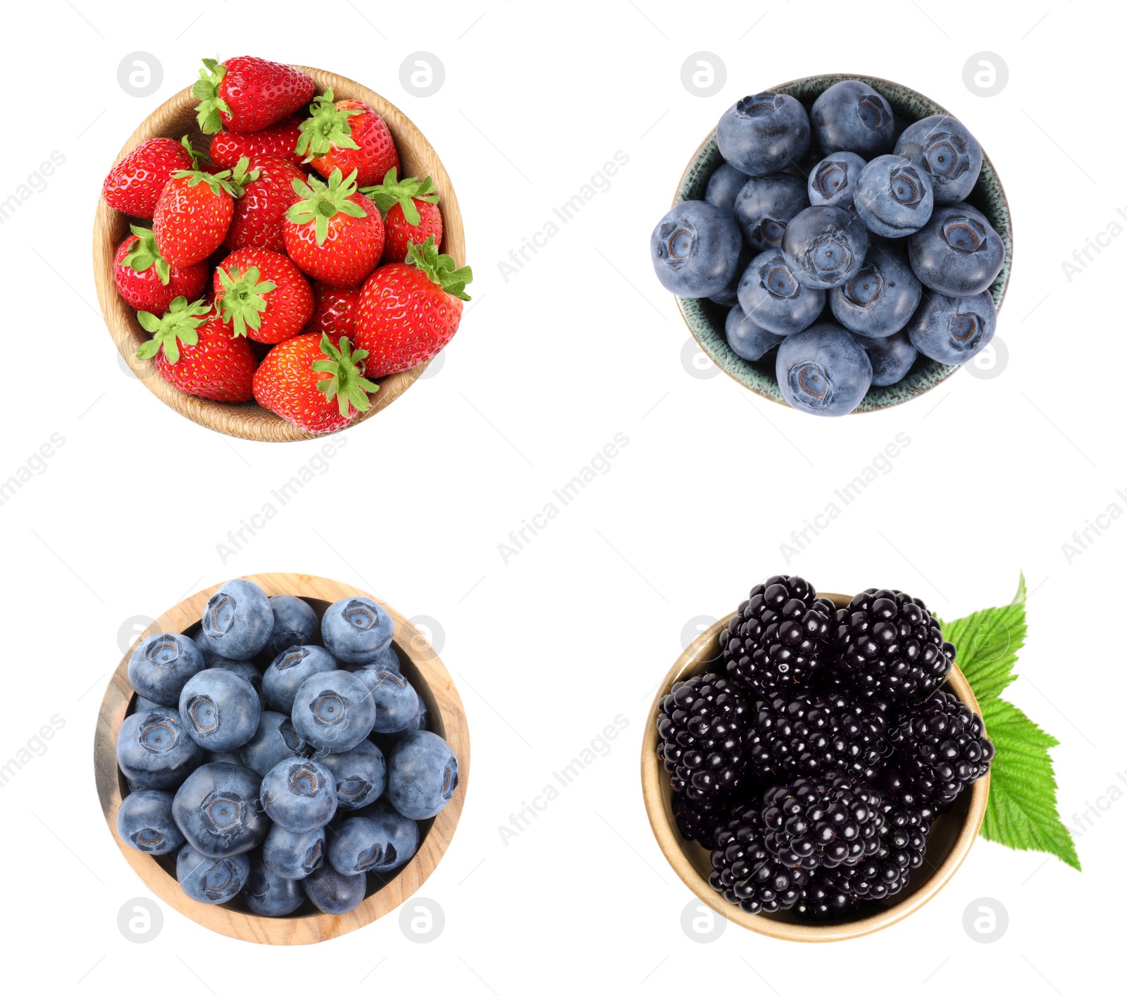 Image of Fresh blueberries and other fresh berries in bowls isolated on white, top view. Set