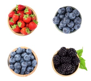 Image of Fresh blueberries and other fresh berries in bowls isolated on white, top view. Set