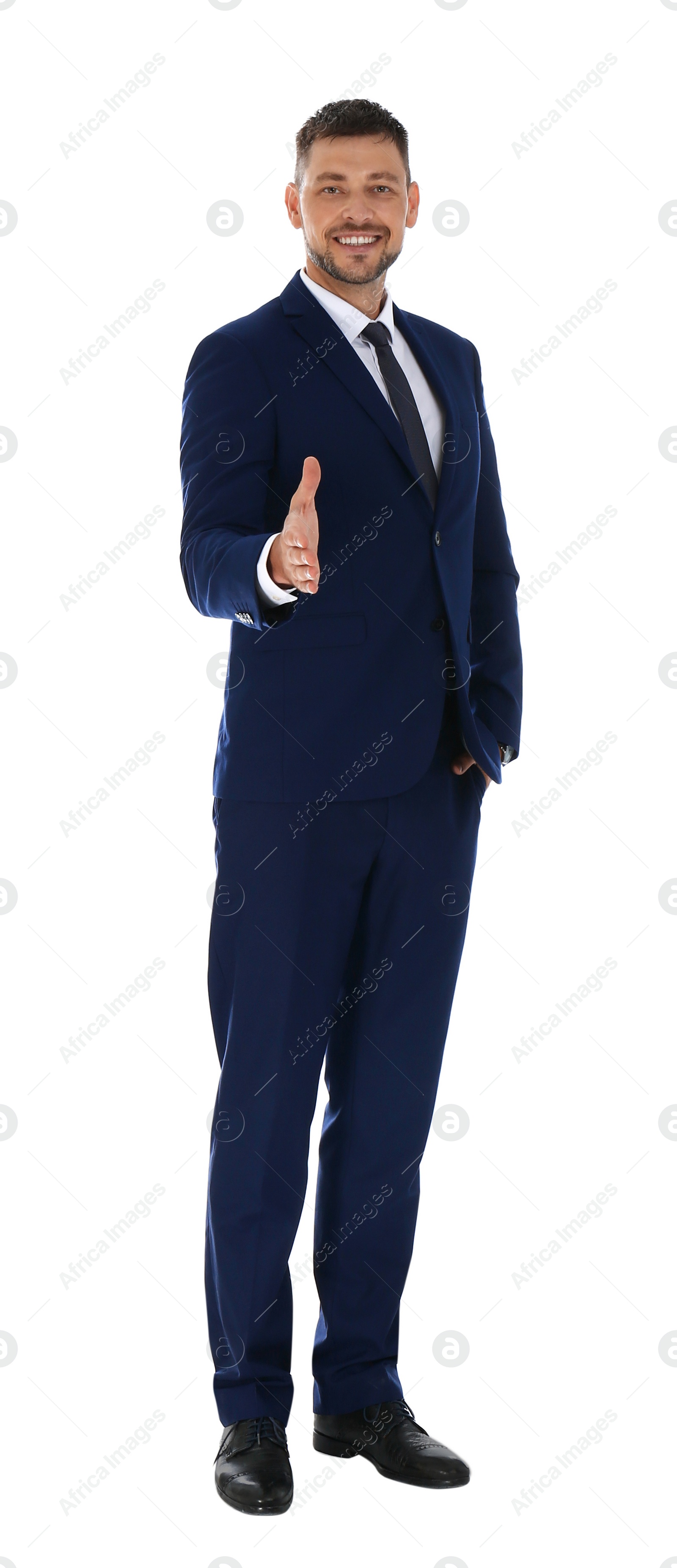 Photo of Professional business trainer reaching for handshake on white background
