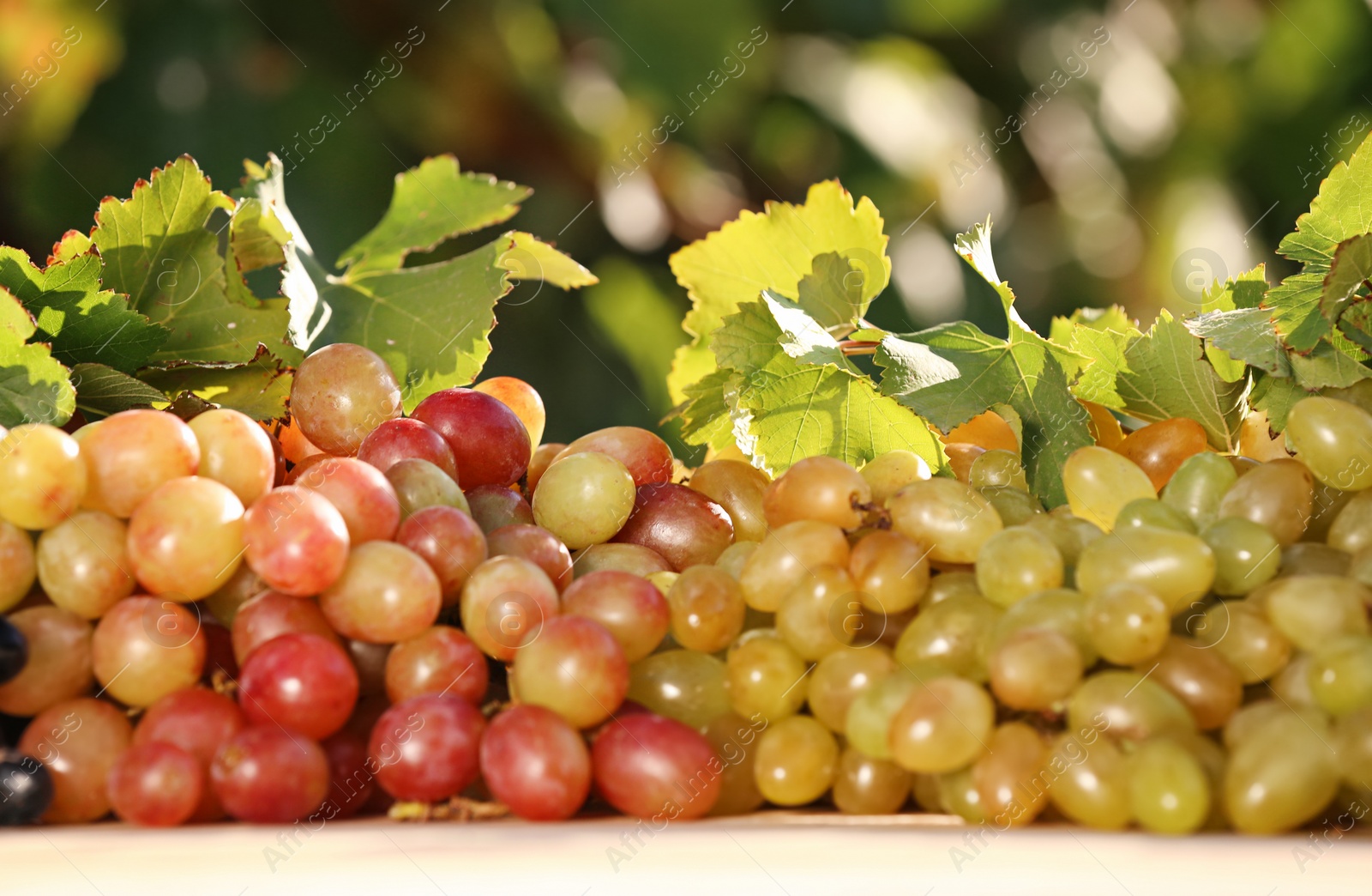 Photo of Fresh ripe juicy grapes on table against blurred background