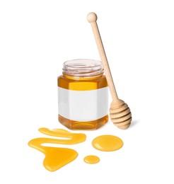 Image of Jar of honey with blank label and wooden honey dipper on white background. Mockup for design