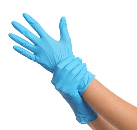 Photo of Doctor wearing medical gloves on white background, closeup